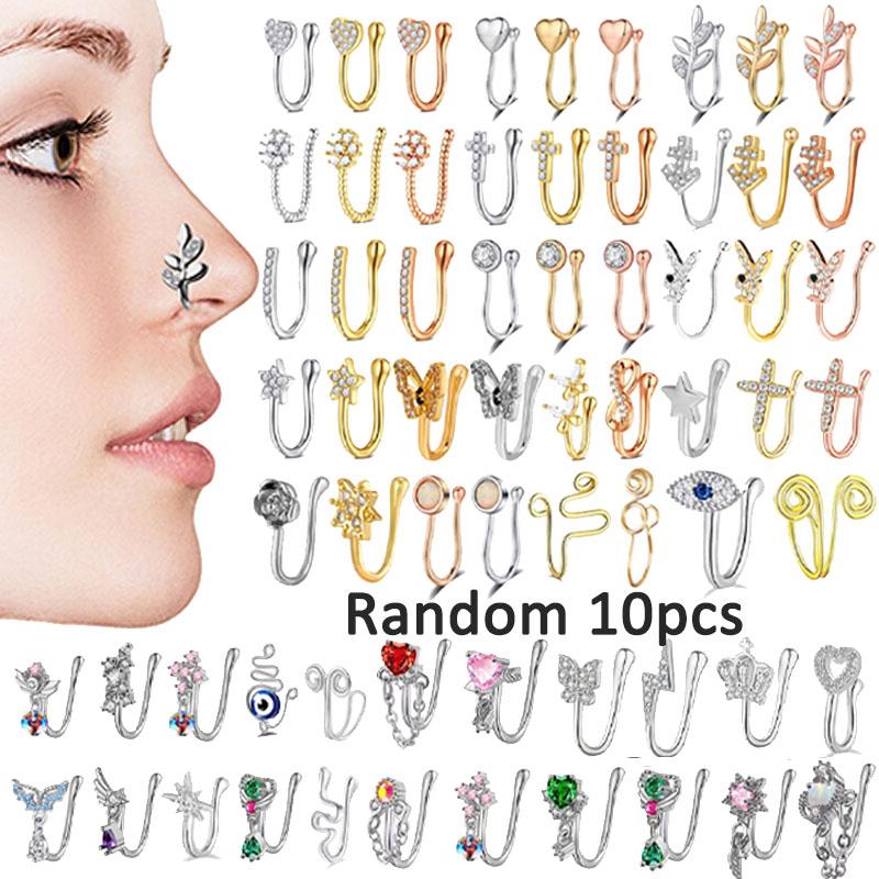 Random 10pcs Nose Clip and Stud Set with Copper Synthetic Zirconia U-Shaped Heart Crown Butterfly Five-Pointed Star Nose Rings,  Ideal for Party and Festival Celebrations