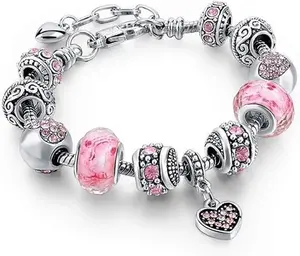 Pink Heart Charm Bracelet Set – Silver Plated Beads & Charms with Adjustable Snake Chain (Fits 7.5" + 1.5") – Jewelry Gift for Women