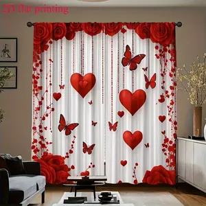 2pc Valentine's Day romantic red rose, heart, and butterfly curtains, Privacy Grommet Curtains, is a perfect gift for friends and suitable for home decoration in dormitories, bedrooms, living rooms, and other places