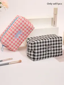 Cute Gingham Check Makeup Bag with Bow Embroidered, Cotton Cosmetic Pouch Large Capacity Travel Essentials Travel Toiletry Bag for Women, Aesthetic Plaid Zipper Storage Organizer for Skincare Brushes