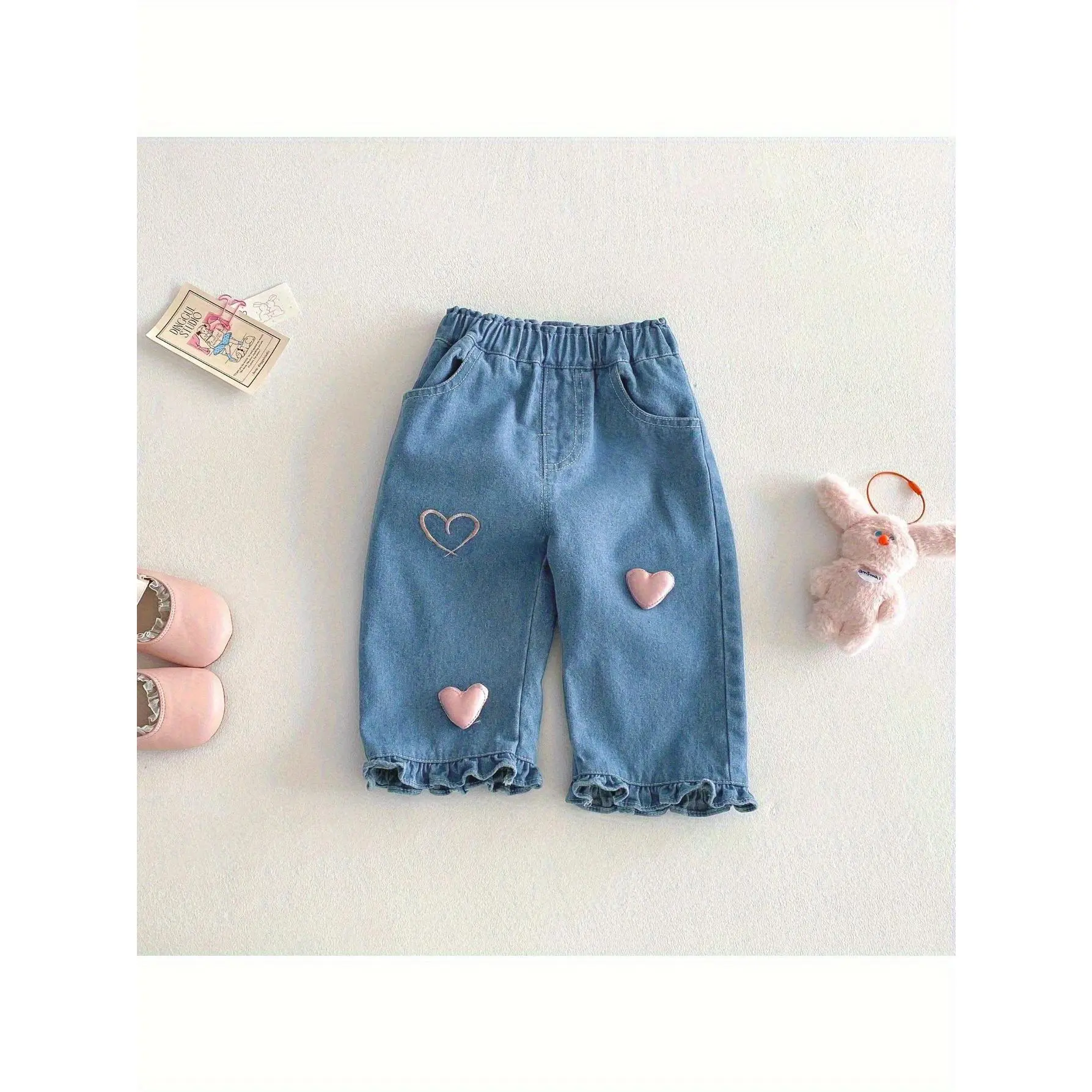Girls' Preppy Plain Jeans, 2025 New Spring Style All-Seasons Casual Pants for 0-5-Year-Old Kids