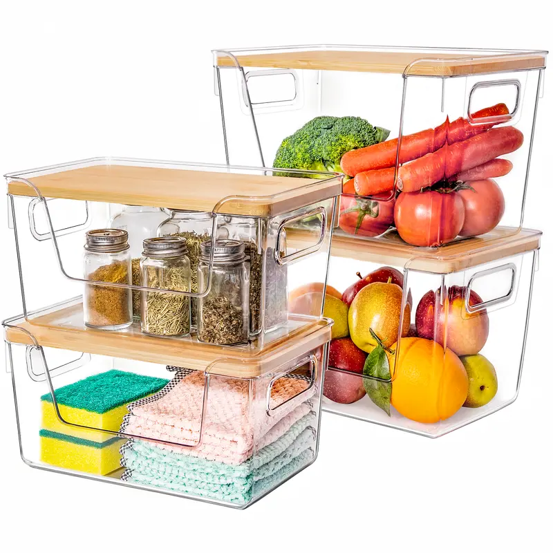 Criusia High-Quality Plastic Rectangular Kitchen Food Storage Box with Wooden Lid - Transparent Fridge Organizer Storage, Condiment Container for Pantry, Fruit & Veg Ready, Keeps Produce & Spices Organized, Quick Grab Organizing Food Access