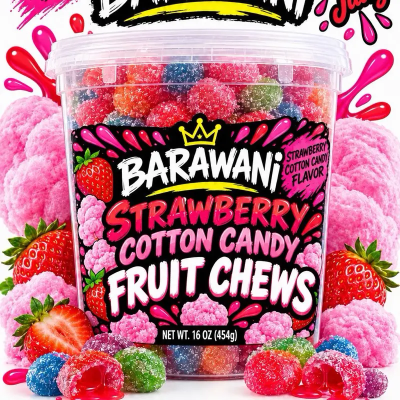BARAWANI Strawberry Cotton Candy Fruit Chews- Sweet, Sour Flavor - 16 oz