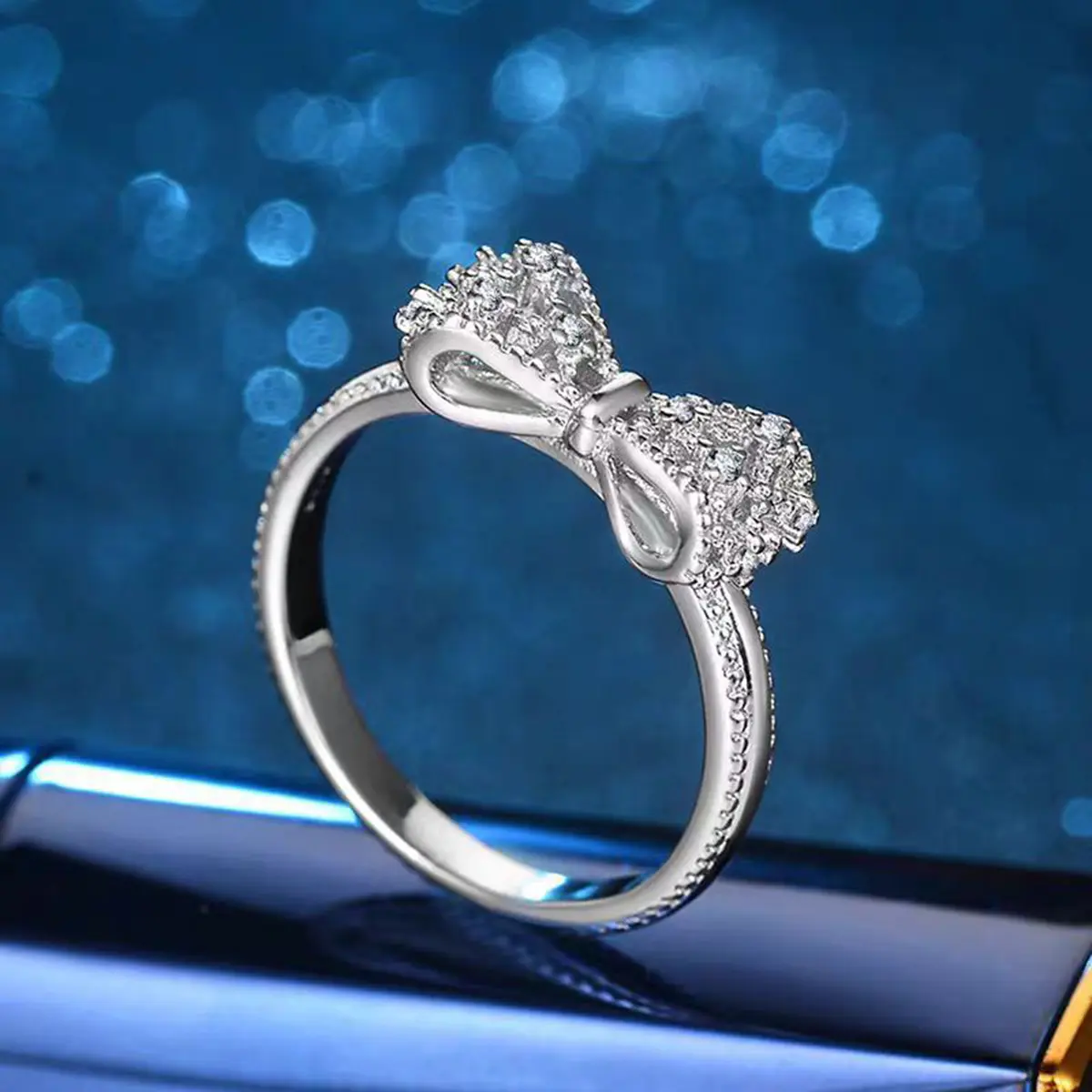Classic bow ring for women, stylish cubic zirconia engagement ring, wedding infinite romance bow ring for women