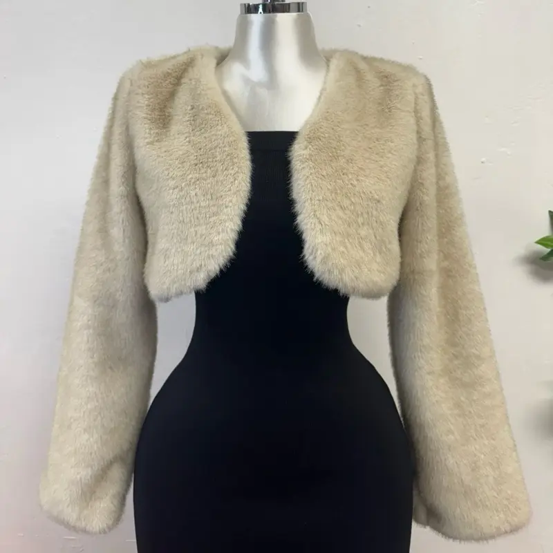 Faux Fur Cropped Coat - Women's Jacket in Black and Beige with Soft Fur Collar, Stylish Design for Casual Outings - Jackets, Womenswear