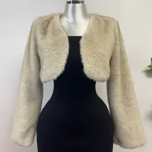 Faux Fur Cropped Coat - Women's Jacket in Black and Beige with Soft Fur Collar, Stylish Design for Casual Outings - Jackets, Womenswear
