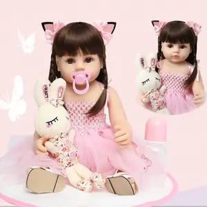 22-inch 55cm silicone doll, princess girl doll, pink suspender mesh skirt, cute face, light pink cat ears hairpin, realistic reborn doll artist, hand-painted, collected, festival, birthday, Halloween, perfect Christmas gift for children over 3 years old