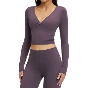 Women's Deep V Neck Long Sleeve Yoga Crop Top Versatile Pilates Workout Fitness T-Shirt