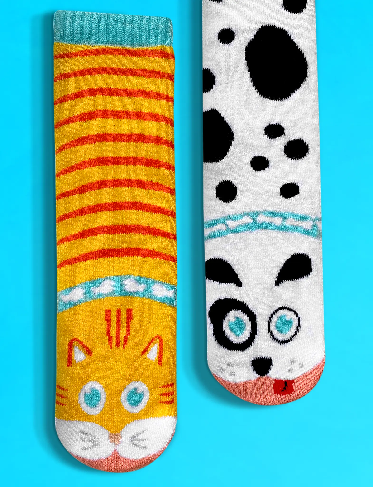 PALS Cat & Dog Mismatched Socks - Cartoon Striped Unisex Crew-Length Tube Socks for All Seasons - 76% Cotton 13% Polyester 9% Nylon 2% Spandex - OEKO-TEX® Certified