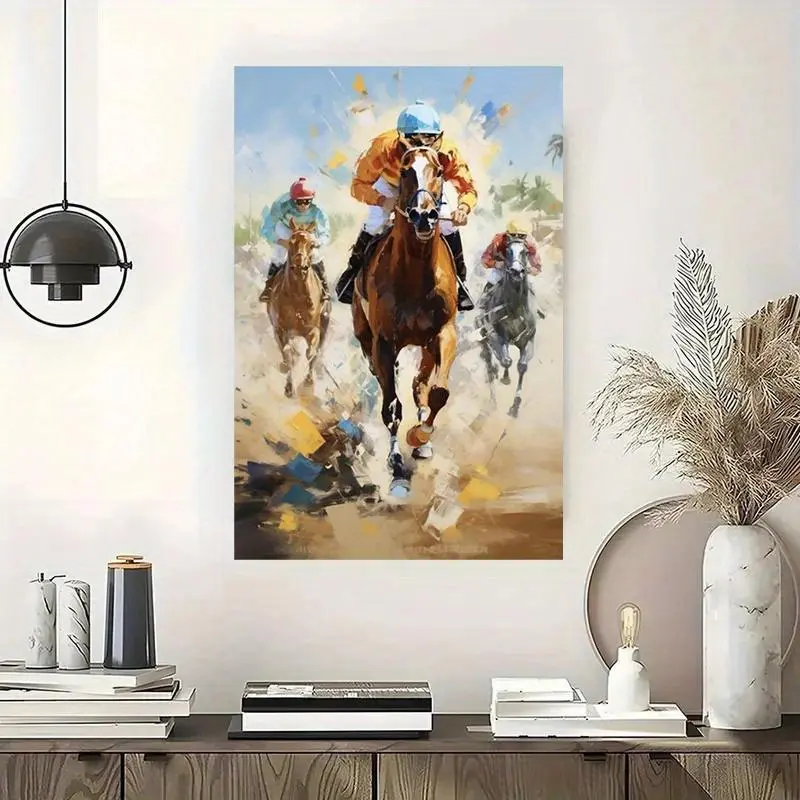 1pc Framed Horse Racing Wall Art - 12x18 Inch Equestrian Jockey & Galloping Horses Painting, Contemporary Brown/Beige/White/Blue/Yellow Palette, Ready-to-Hang Indoor Decor for Living Room, Bedroom, Office - Perfect Gift for Racing Fans, 2D Flat	