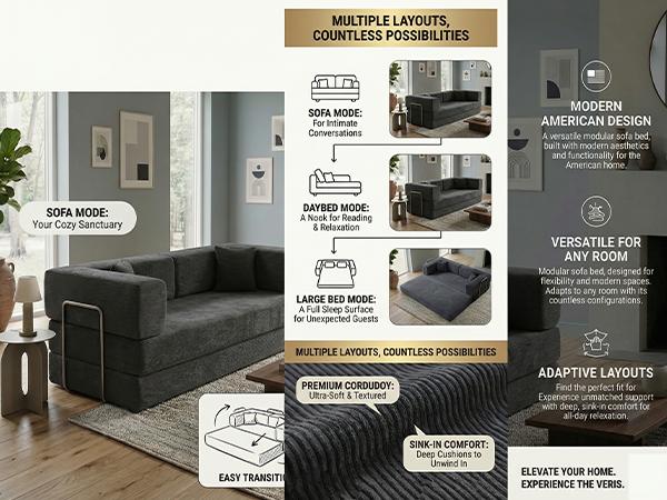 Convertible Sofa Bed with Fixed-Shape Frame & Removable Armrests, Modular Corduroy Sleeper Sofa, Folding Mattress Couch for Small Spaces - No Assembly Needed in Green (Includes 2 Pillows)