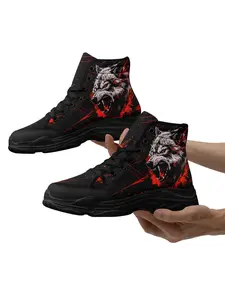 Men's Fierce Wolf Head Graphic High Top Athletic Sneakers,  Gothic Streetwear Skate Shoes, Plus Size Lightweight Breathable Casual Footwear