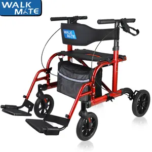 WALK MATE 2 in 1 Rollator Walker Transport Chair for Seniors, 10” Wheels Medical Rollator for Seniors with Widen Seat Backrest, Detachable & Adjustable Footrests Folding Walker Wheelchair Combo, RED