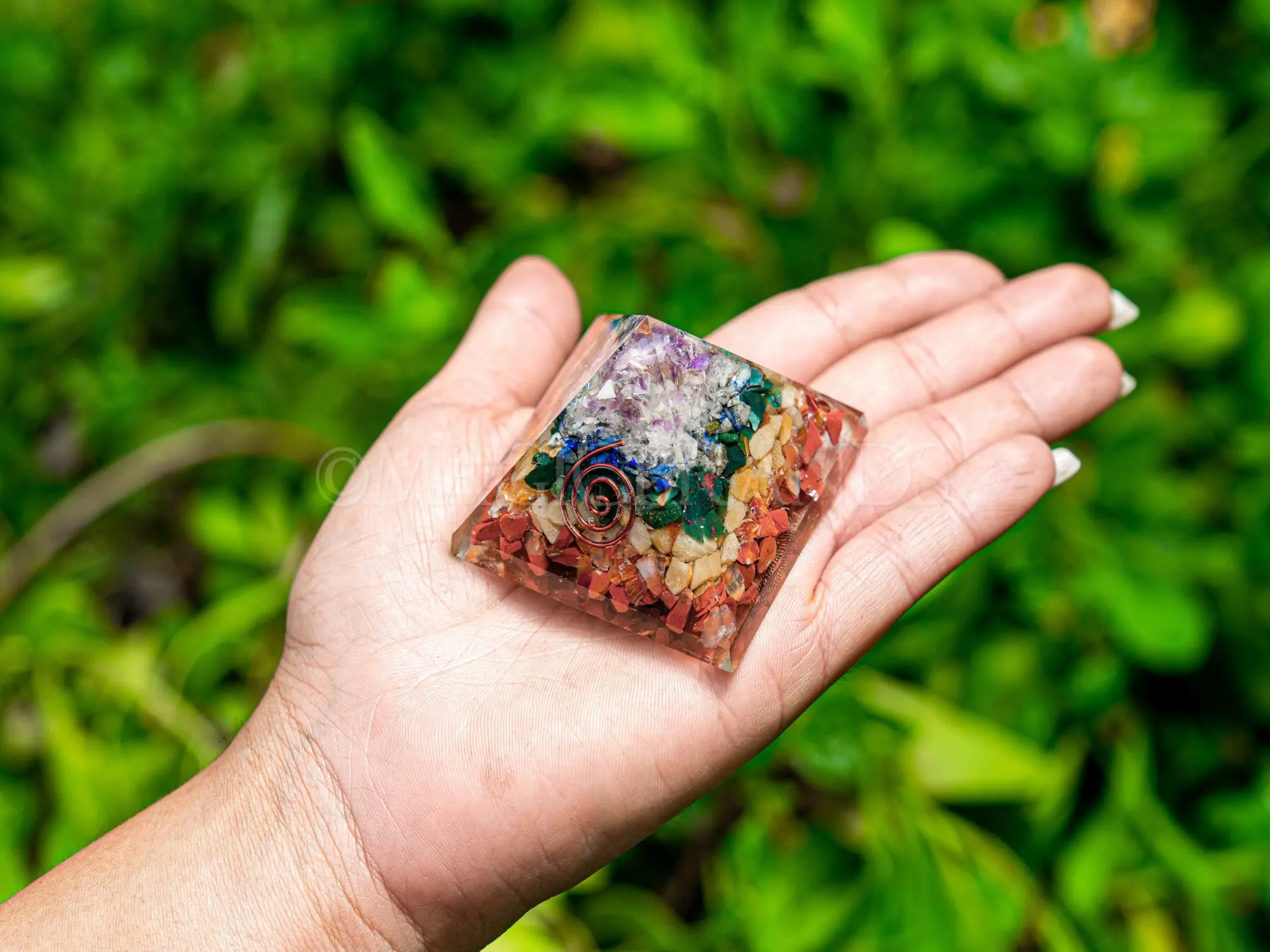 7 Chakra Layered Orgone Pyramid with Reiki Symbol of Spiral | Chakra Healing Crystals | Chakra Chip Orgonite Pyramid | Reiki Crystals | 3"