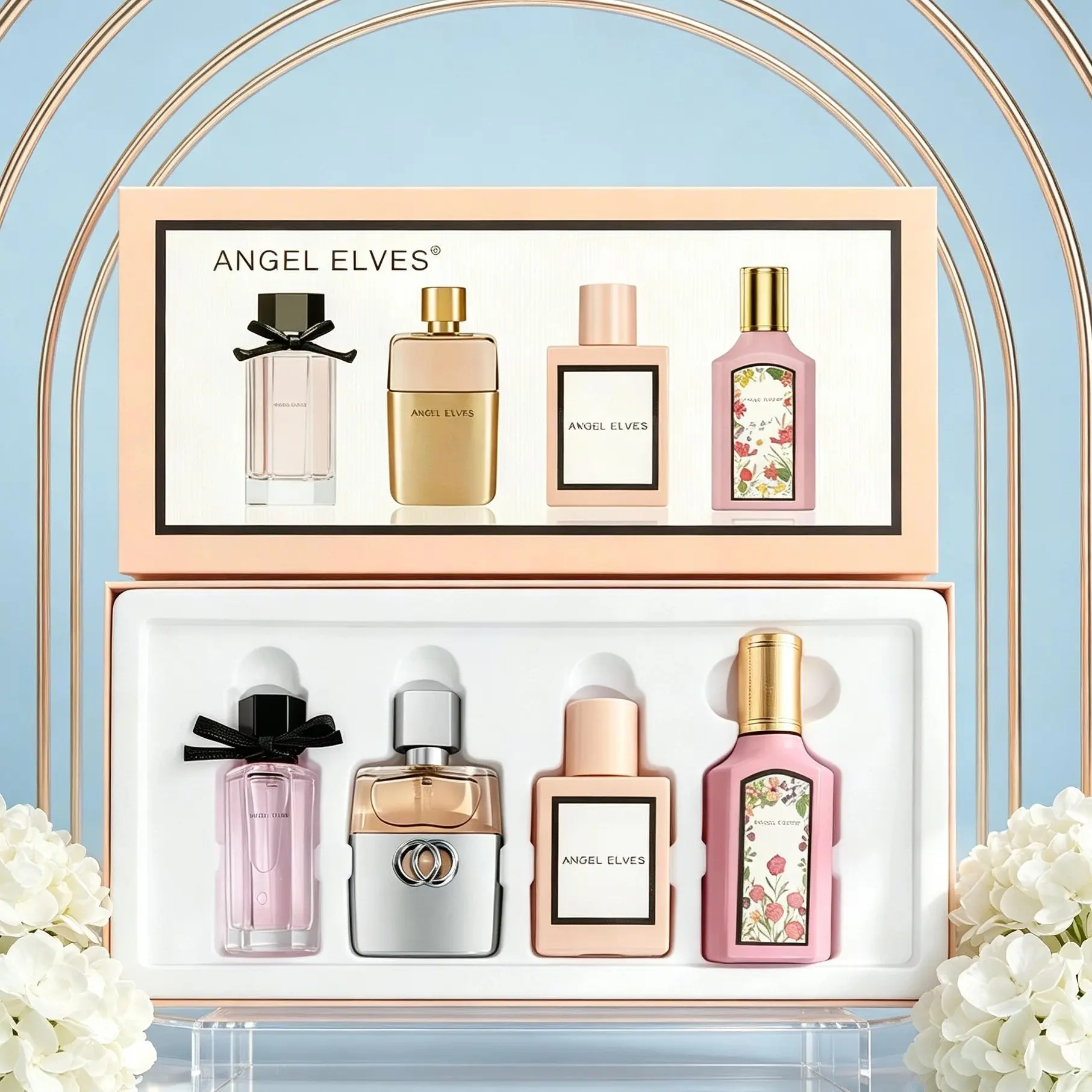 4 Scent Perfume Gift Set for Ladies， Soft fruity floral, creamy coconut and mild coffee layered aroma, all-day long wear. Elegant box, ideal birthday and romantic dating gift.