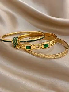 3pcs Set Gold Plated Stainless Steel Bangle Bracelets, Elegant Zircon Rhinestone Embellished Stackable Jewelry for Daily Wear & Anniversary Gift, Trendy Stack Bangle, Rhinestone Decorated Bangle