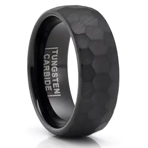 Mens Black Tungsten Wedding Band Hammered Promise Engagement Ring Comfort-Fit 8MM