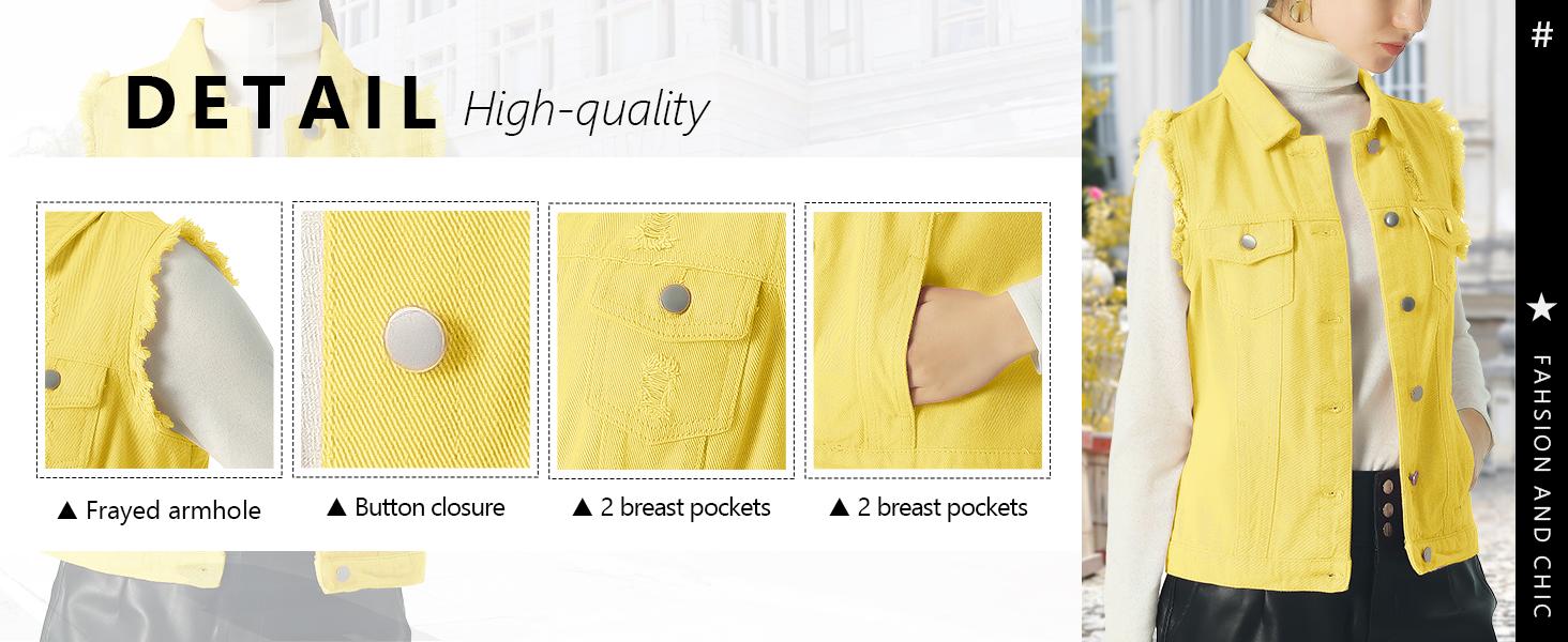 Ebossy Women's Candy Color Slim Fit Sleeveless Distressed Denim Jean Vest Jacket with Button-Flap Chest Pockets & Side Seam Pockets