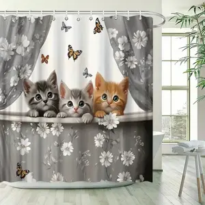 Three Cats Brain Christmas Butterfly White Flower Shower Curtain, perfect for bathroom decoration, partitions, beautification space, polyester durable material, easy to clean, machine washable, multiple sizes to choose from, shower curtain hook
