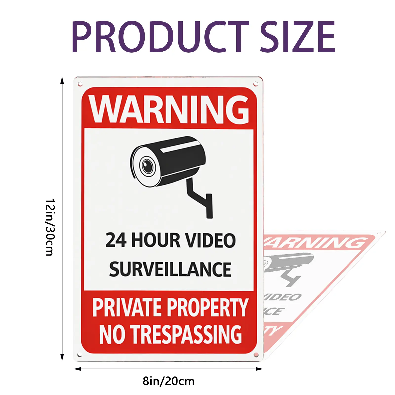 WARNING 24 Hour Video Surveillance Sign 12x8 Inch, Aluminum Metal Sign Security Wall Decor, Private Property Warning Sign for Home Garage Office