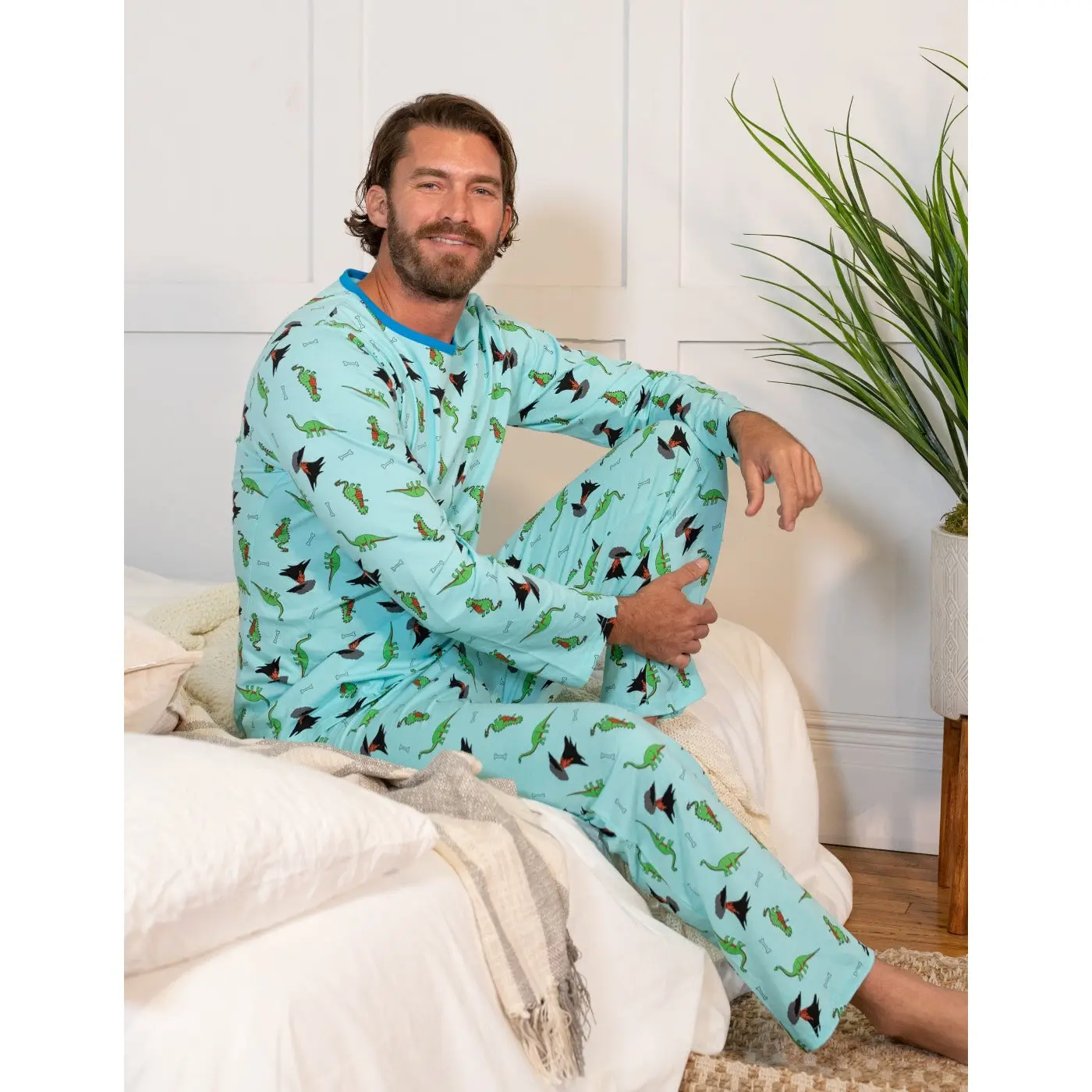 Mens 2pc Cotton Loose Fit Blue Dinosaur Pajamas