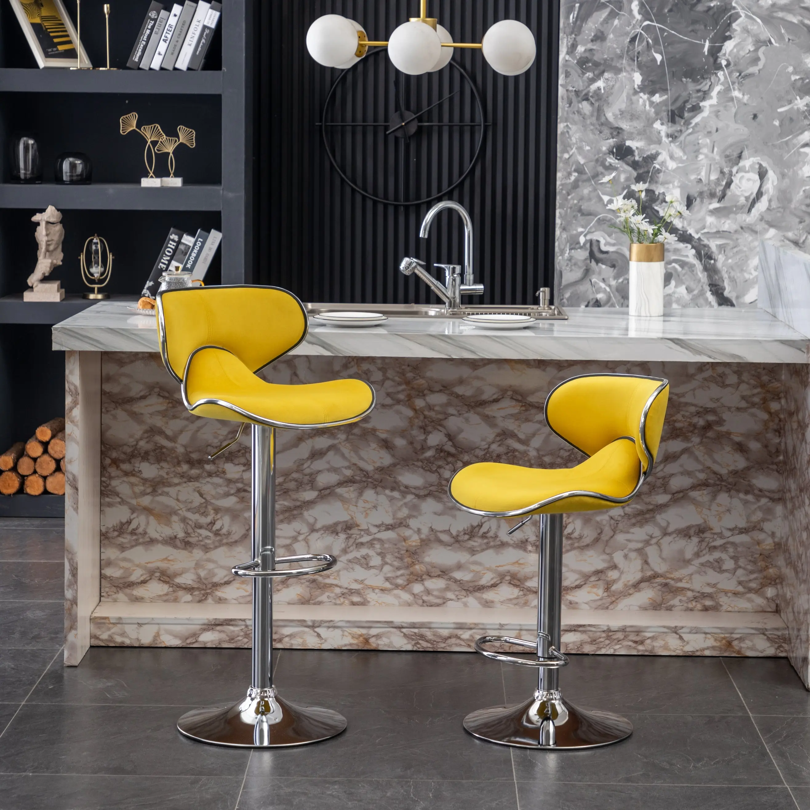 Masaccio Velvet Upholstered Adjustable'swivel Barstool, Set of 2, Yellow