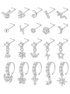 20Pcs 20G Dangle Nose Rings Set for Women L Shaped Dangling Nose Rings Studs Hoops Stainless Steel Flower Butterfly Moon Dangle Nose Piercing Jewelry(Gold/Silver Color)