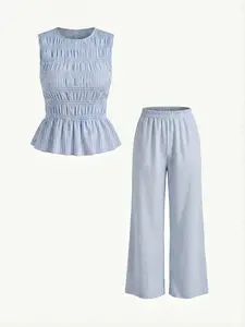 Spicy Coquette Blue & White Striped Smocked Peplum Fitted Tank Top & Wide Leg Pants Casual Vacation Two-Piece Set Vintage French Cottagecore Blue & White Striped Smocked Peplum Tank Top & Wide Leg Pants Beach Two-Piece Set