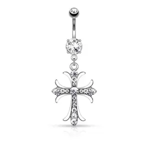 Dangle Cross Heart Belly Ring - Surgical Steel 14 Gauge Hypoallergenic Bar Length 10mm