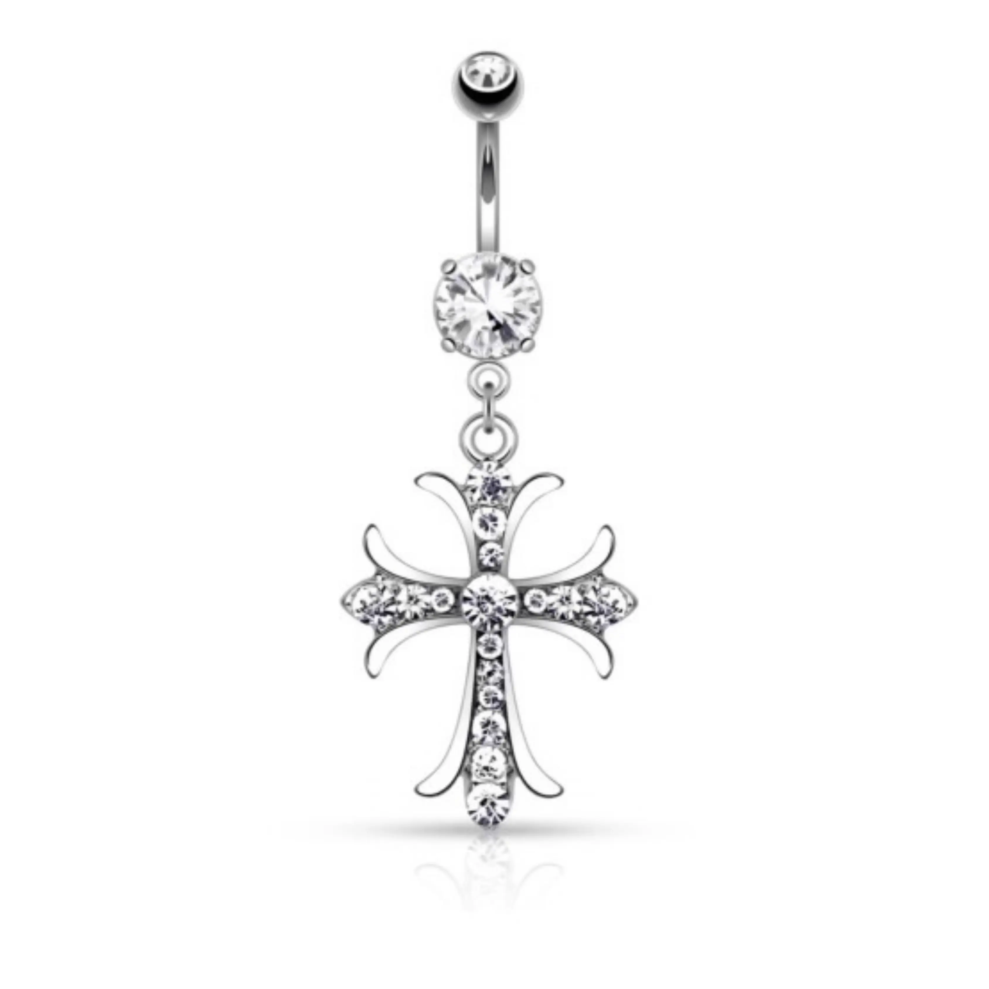 Dangle Cross Heart Belly Ring - Surgical Steel 14 Gauge Hypoallergenic Bar Length 10mm