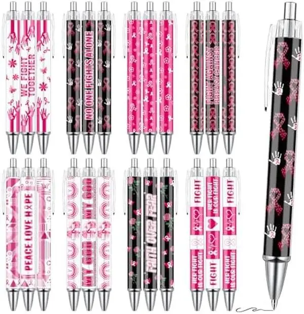 Ballpoint Pens Breast Cancer Awareness  24 Pcs Pink Ribbon Pens Set Inspirational Hope Heart Retractable Black Ink Pen Breast Cancer Gifts for Women Nurse Coworkers Charity Event Supplies