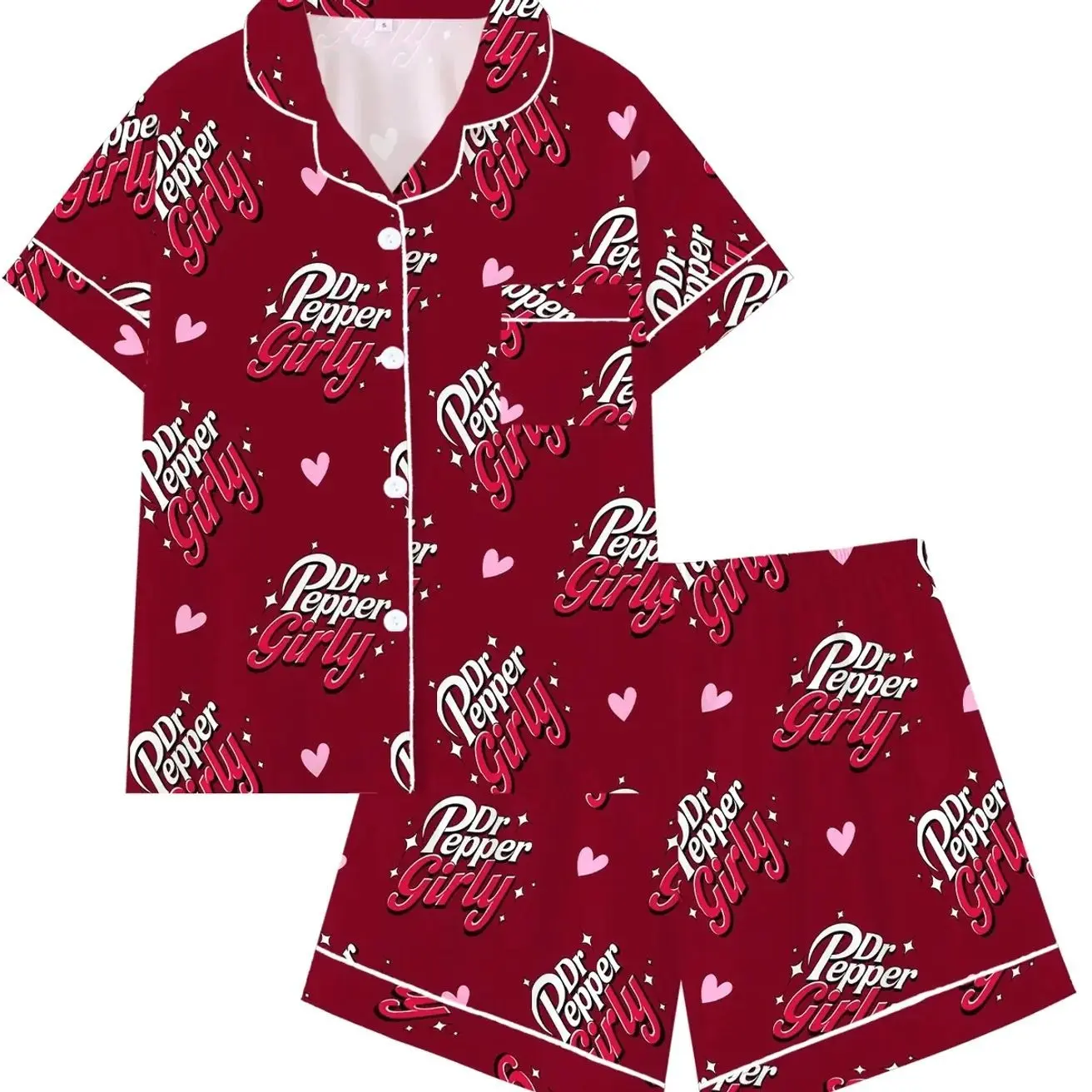 Soda Girly Aesthetic Graphic Pajama Set | Cute Cherry Red Sleepwear with Heart Print | Y2K Novelty Short Sleeve Button Down Lounge Outfit | Aesthetic 2-Piece Summer PJs | Fun Sleepover Nightwear Gift for Women | Loungewear Pyjamas