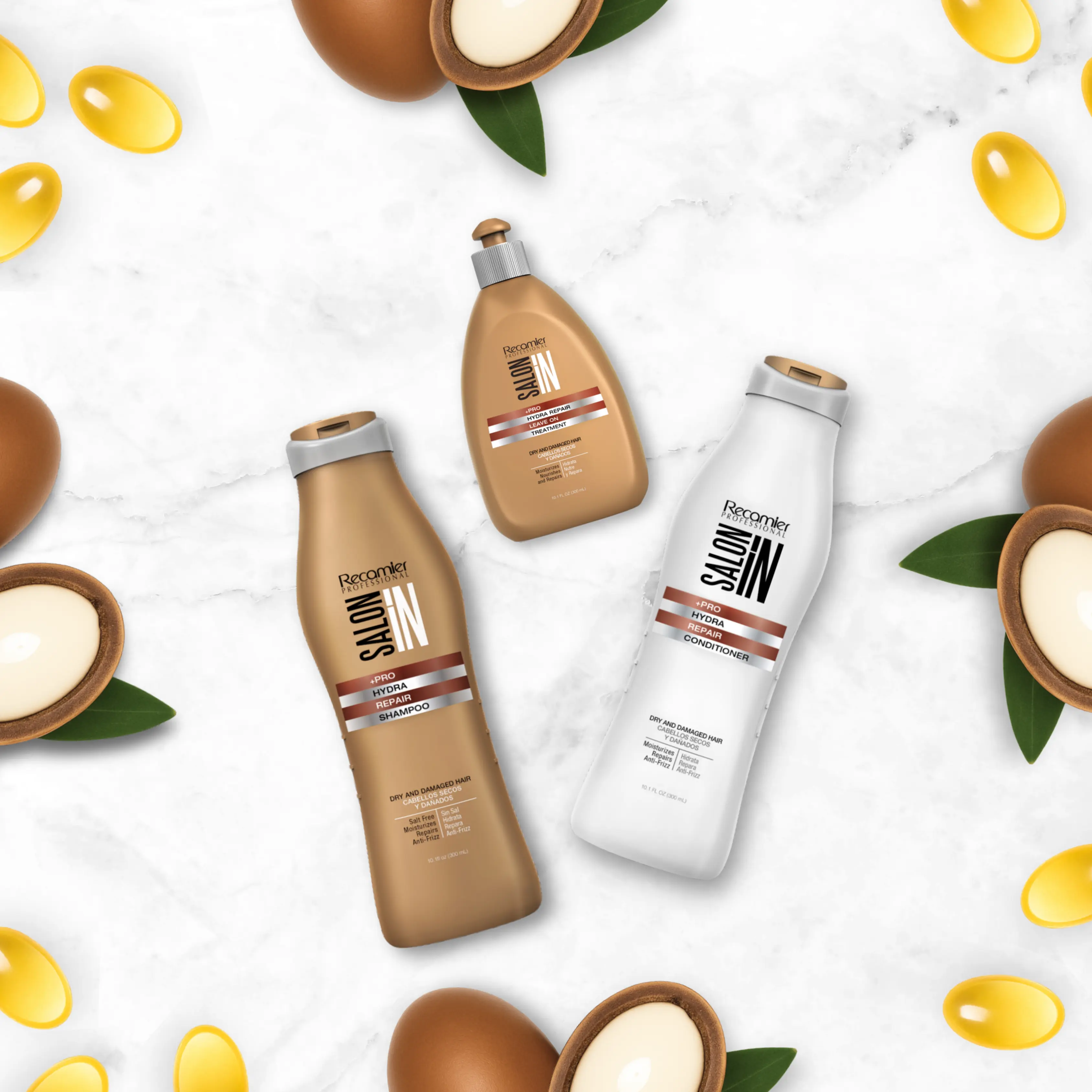 Hydra Repair 3-Piece Set: Shampoo + Conditioner 10.01 fl oz + Leave-On Treatment 10.01 fl oz | Hydration with Argan Oil & 11 Amino Acids | Salt-Free