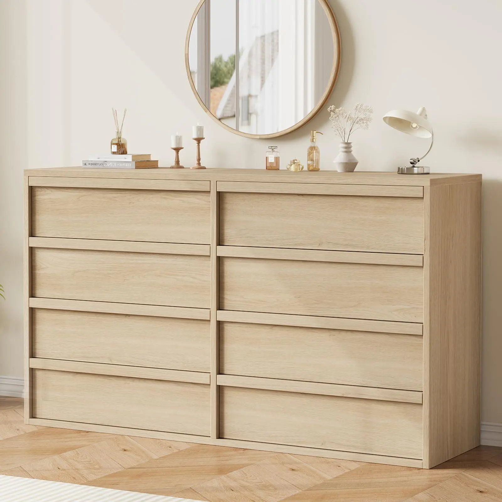 GARVEE Rectangular 8-Drawer Natural Oak Dresser, 54in Wide Wooden Storage Organizer for Bedroom, Living Room, Entryway