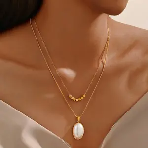 18K Gold-plated Elegant and Charming High-quality Double-layer Women's Necklace, Imitation Pearl Oval Pendant Stainless Steel Necklace, Perfect for Banquets, Weddings, Mother's Day Gifts, and Holiday Gift Accessories