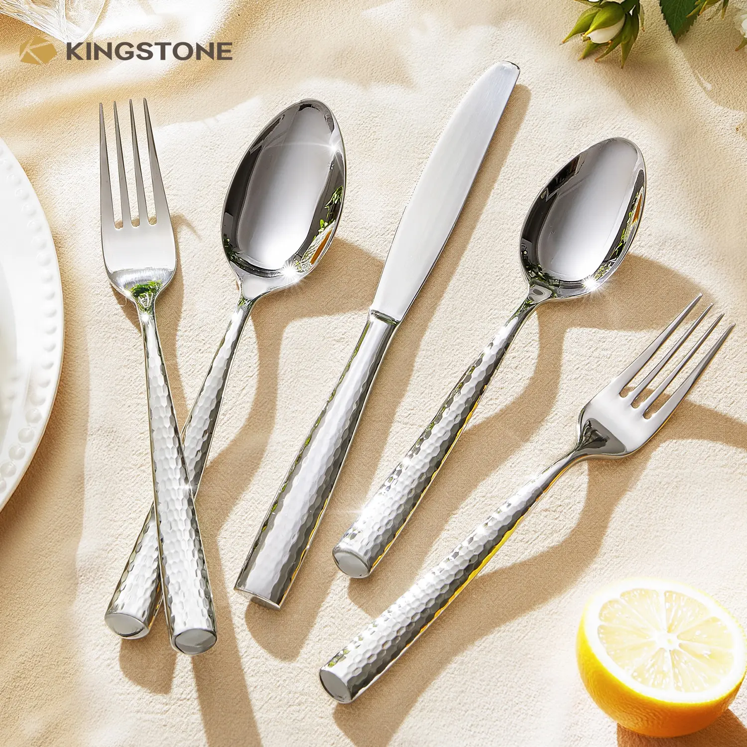 Kingstone Premium Hammered 18/10 Stainless Steel Flatware Set - Heavy Duty, Mirror-Polished Cutlery, Silverware, Assorted/Festive Dinnerware Service Set, Dishwasher Safe, Gift Set for Housewarming, Wedding and Holiday, Model 8810, for Father's Day Gift