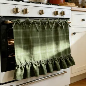 High-Temperature Oven Skirt with Pleated Bow Tie, Durable Kitchen Accessory, Rustic Country Plaid Style, Ideal for Home & Daily Use