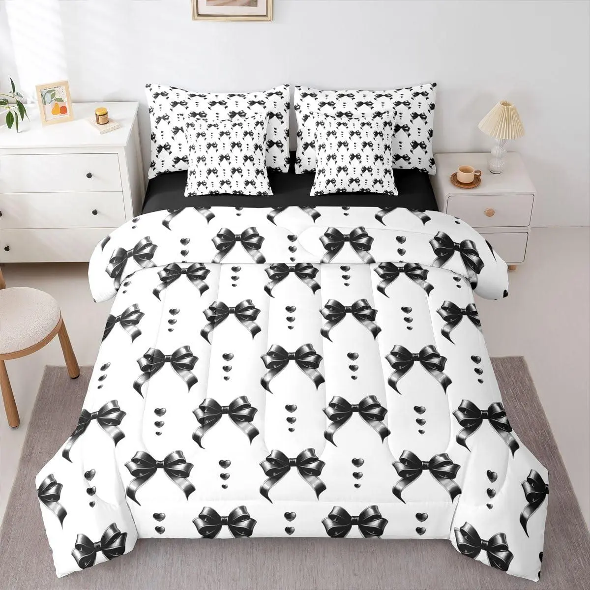 Feelyou 7-Pc Queen Size Black Bow Microfiber Bedding Quilt & Bedsheet Set - Breathable Soft Comforter, Ribbon Bow Tie Fitted Sheet, Flat Sheet, Coquette Kawaii Princess-Themed Linens for Girls, Bedding Quilt Set, Bedsheet Sets