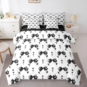 Feelyou 7-Pc Black Bow Queen Size Microfiber Bedding Set - Breathable Soft Blanket Comforter, Ribbon Bow Tie Fitted Sheet, Flat Sheet, Coquette Kawaii Princess-Themed Linens for Girls
