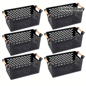 Set of 6 Stackable Durable Plastic Storage Baskets with Handles, Open Top Ventilation Holes, for Home, Office, Closet, Bathroom Storage