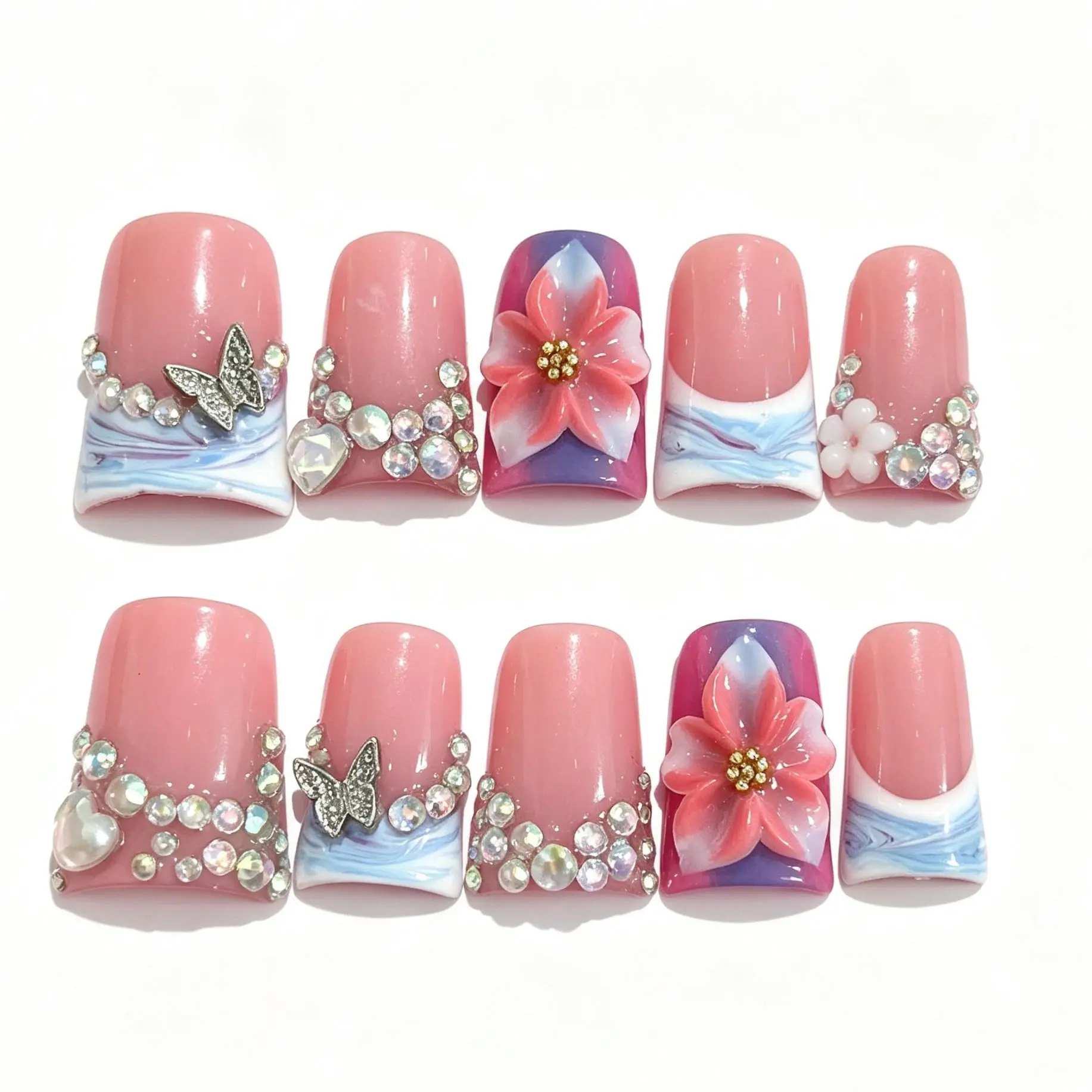 28duck shape rhinestione butterfly floral flower blue pink ombre french tip luxury acrylic handmade press on nails