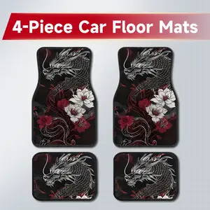 4PCS Chinese Dragon Floral Car Floor Mats - Black Red Traditional Tattoo Style, Wear-Resistant, Easy-to-Clean Carpet Liners, Ideal Birthday Gift for Him, Bold Oriental Interior Decor for Sedan, SUV, Truck, Van