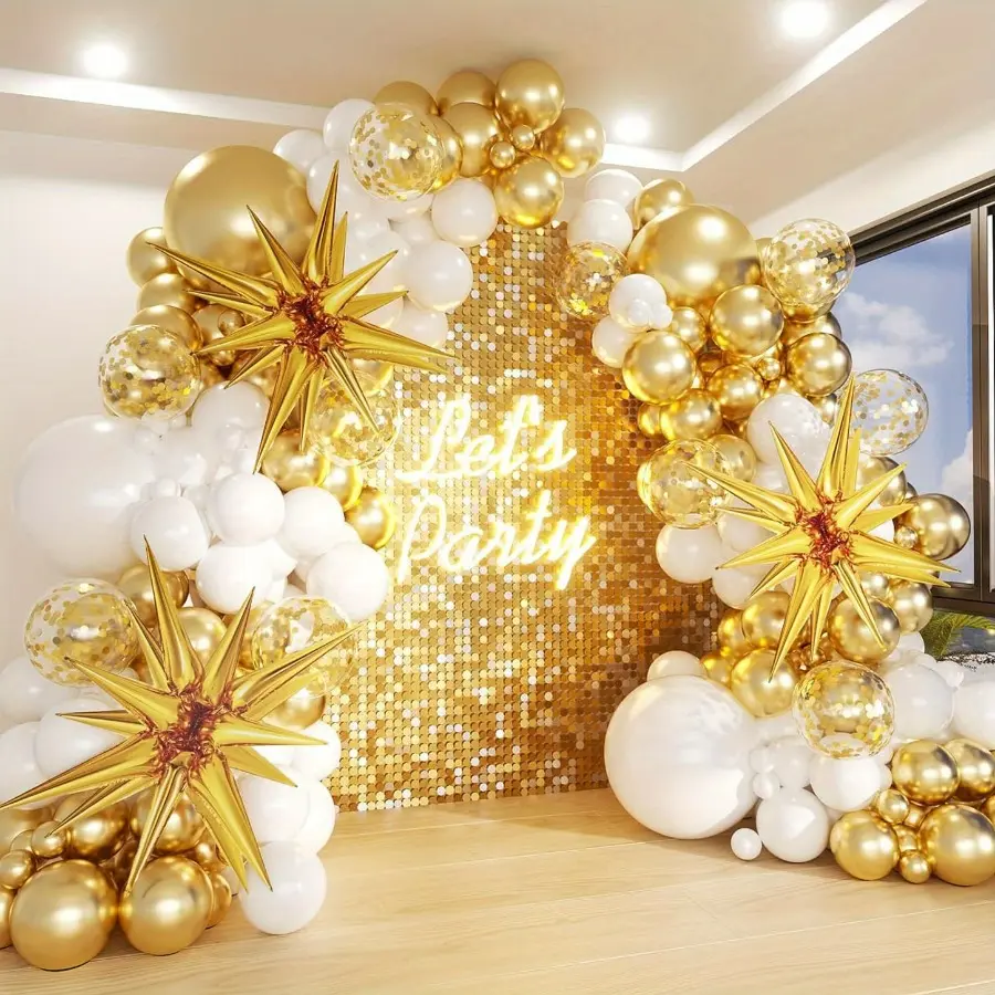 135pcs Set of White And Golden Balloon Wreath Arch Kit, Featuring Golden Confetti Balloons And Foil Balloons with Designs, Suitable for Decorating Birthday Parties, Anniversaries, Weddings, And Both Indoor And Outdoor Events