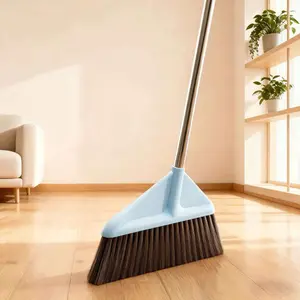 Apartment Cleaning Sweep Broom, Two-Tone Light Blue & Coffee, Deep Clean Dust Resistant, Compact Minimalist Style, For Apartment Tenants, Wide Triangular Brush Head Non-Slip Metal Pole Design