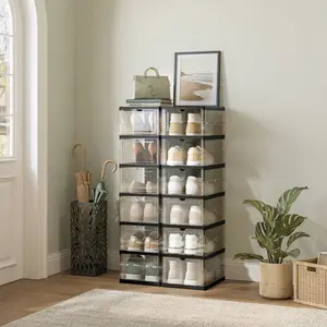 6 Tiers Stackable Clear Shoe Storage Organizer, Open Front Shoe Rack Boxes Space Saving Cabinet for Closet