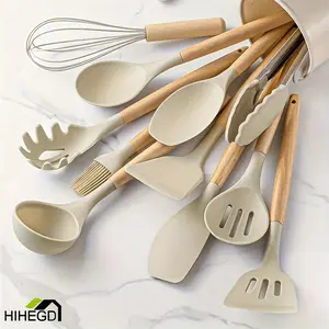 12 PCS Non-Stick Silicone Kitchen Utensil Set with Wooden Handles – Safe & Easy to Clean Cooking & Baking Tools, Trending TikTok Dorm & Back-to-School Essentials, Khaki Color