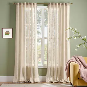 Winslow Sheer Curtains 96 Inch for Bedroom Living Room Embroidered Bordered Floral  Curtains for Playroom Light Filtering,   Beige, 2 Panels, 50W x 96L