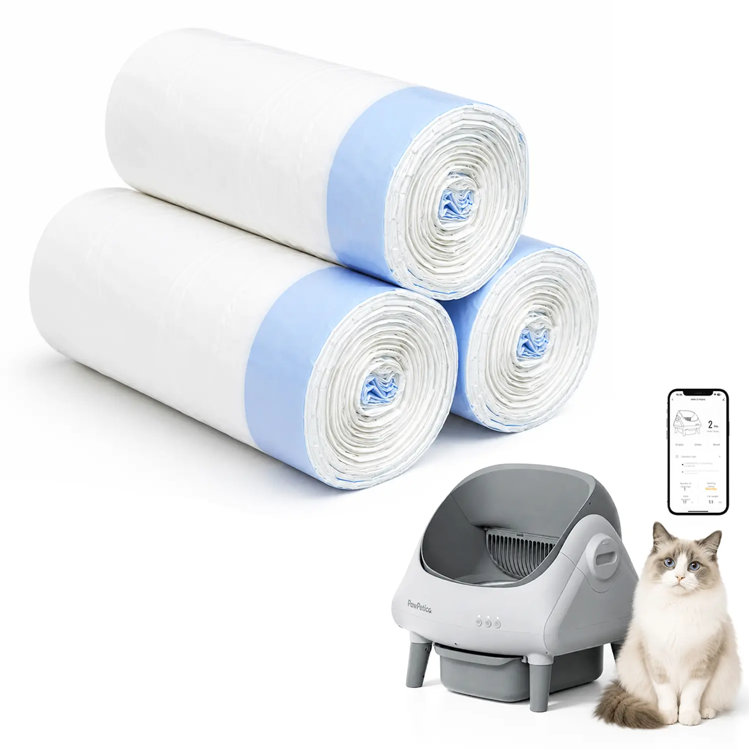 PawPetica 3 Rolls Cat Litter Box Liners Drawstring Receptacles Bags 60 Count Heavy Duty Leak Proof Compatible Garbage Bags Thickened Waste Bags for Automatic Cat Litter Box