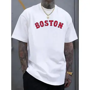Men's Boston-Inspired Casual Tee - Cool, Comfortable & Stylish Letter Print Short Sleeve Shirt for Summer, Boston-inspired, Casual, Summer, Conventional Version, Leisure Style, Four Seasons