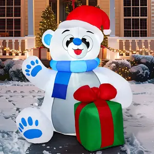 JoyX 4 ft Christmas Inflatable Polar Bear with Gift – Light-Up Outdoor Yard Decoration with Built-In LEDs – Perfect for Holiday Parties, Garden, and Lawn Décor